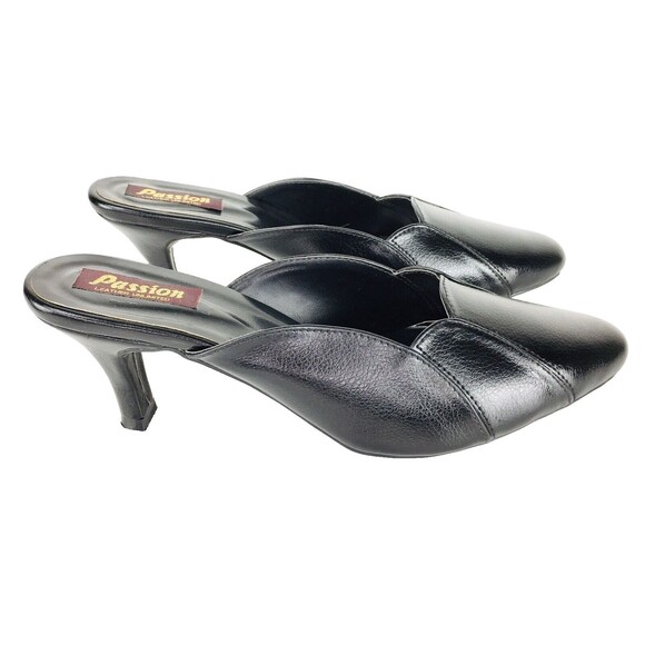 Vintage 90s PASSION Black Leather Scalloped Heels Mules Size 7/7.5 NEW - Picture 3 of 11